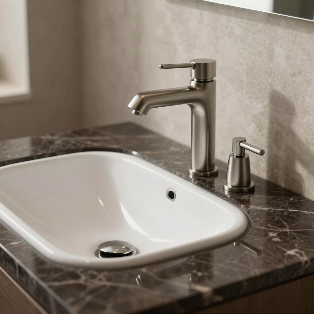 Modern bathroom sink with chrome faucet and soap dispenser on dark marble countertop
