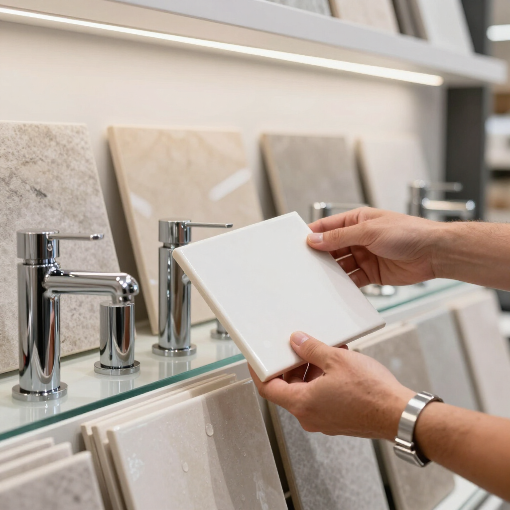 Hands holding a white tile sample in a showroom of faucet and tile displays