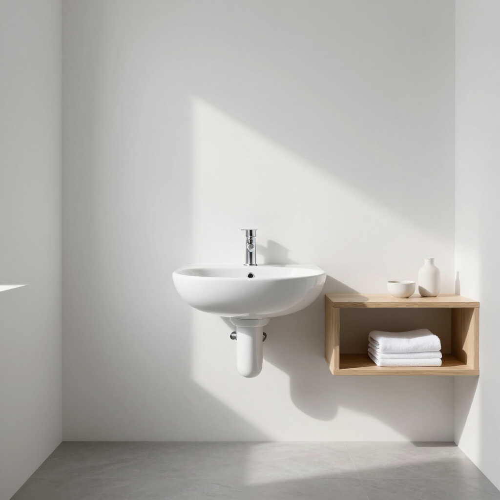 Minimalist bathroom sink with wooden shelf, towels, and bright sunlight on white walls