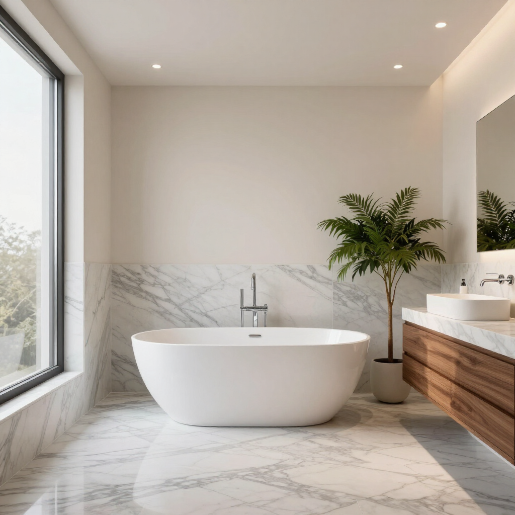 Modern bathroom with freestanding tub, marble walls and floor, wood vanity, and a potted palm by a window