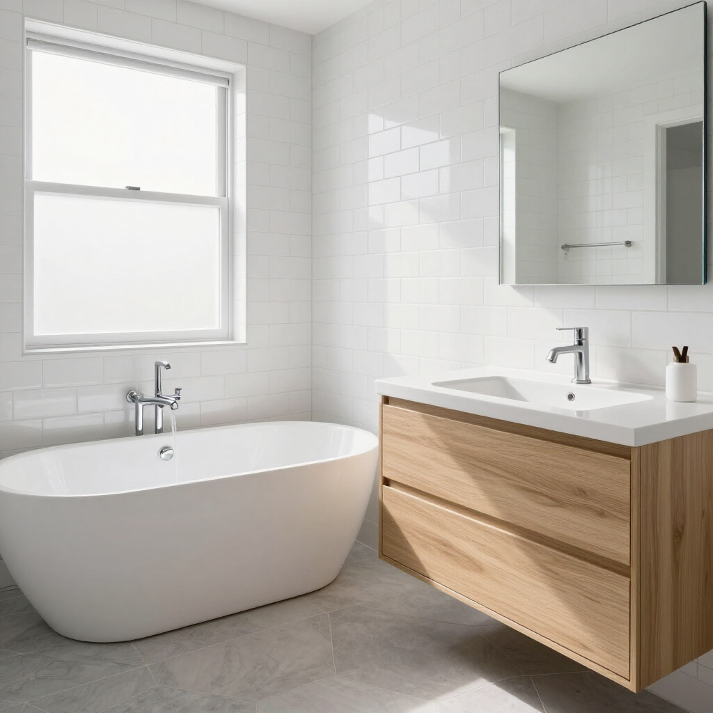 Bright modern bathroom with freestanding tub, wood vanity, white tile walls, and a window.