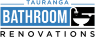 Tauranga Bathroom Renovations logo with blue and black text and a stylized bathtub icon