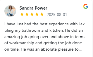Google review from Sandra Power praising Jak Tiling by Mattyon kitchen work and workmanship, 5 stars.