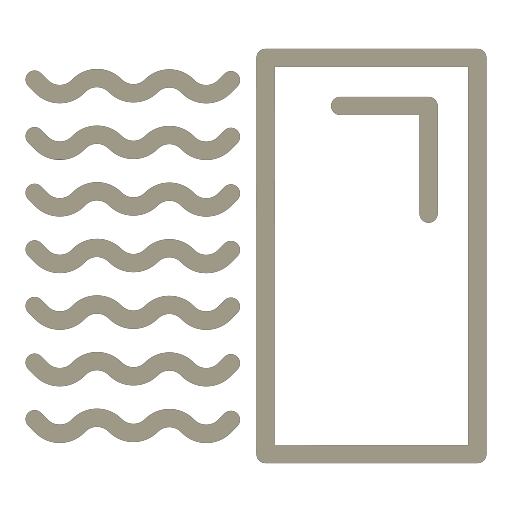 White shower stall icon with water spray lines on the left and showerhead on the right