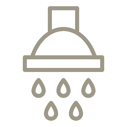 Minimal gray shower head with five water droplets falling below.