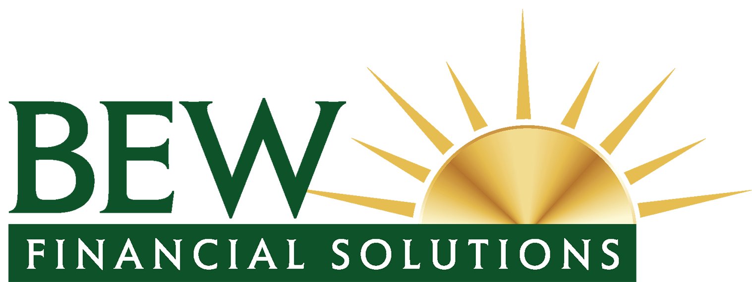 BEW Financial Solutions logo with dark green text and gold sunburst graphic