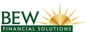 BEW Financial Solutions logo with dark green text and gold sunburst graphic