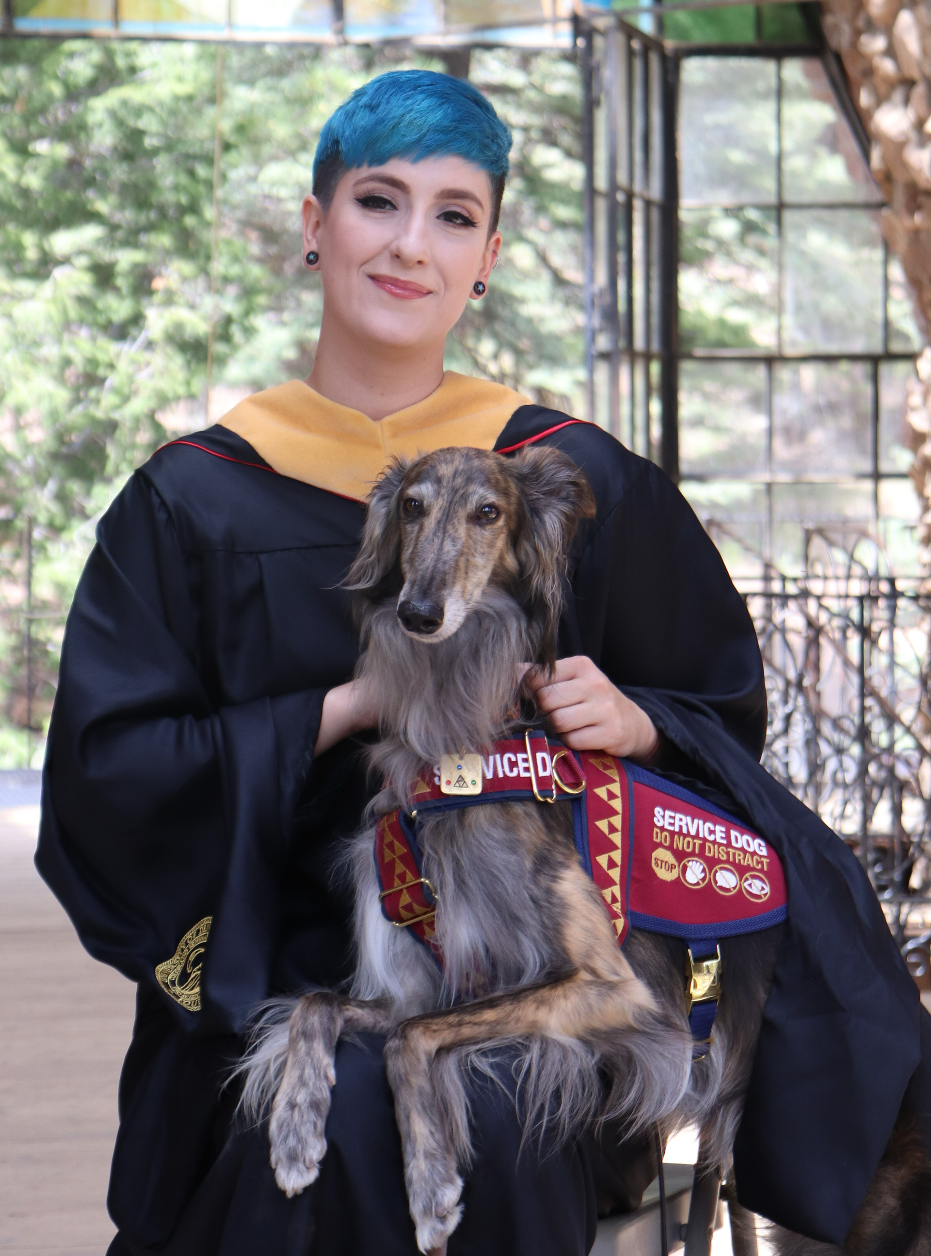 A beaming graduate with their Silken Windhound service dog
