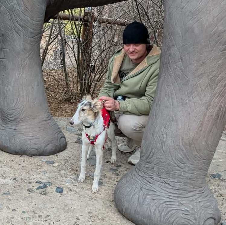 A rad jacketed man with a black beanie sits under an elephant statue with his young Silken Windhound
