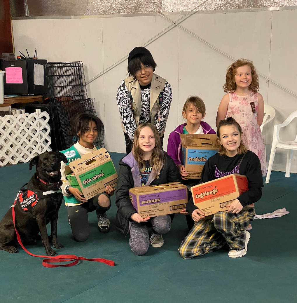 Girl Scouts posing with cookies and dogs.