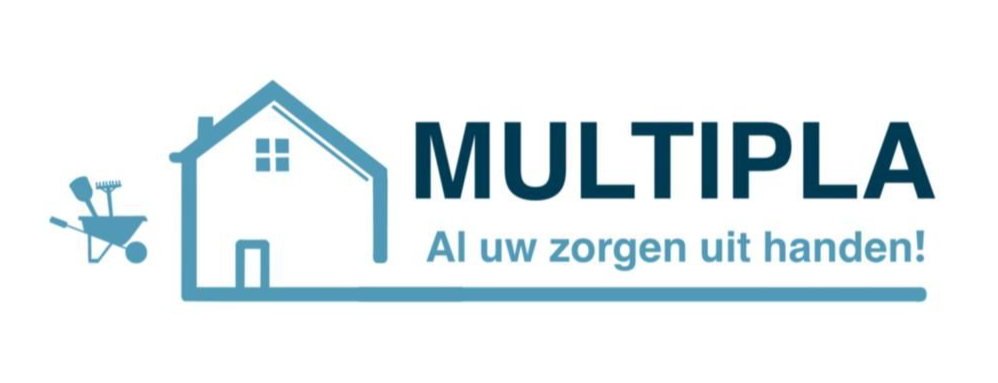 Logo with a house outline and "MULTIPLA" text, "Al uw zorgen uit handen!" below.