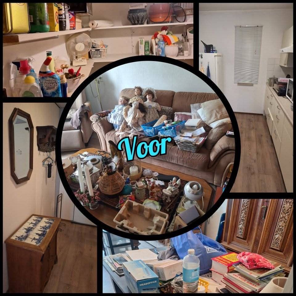 Collage van rommelige kamers met "Voor" in het midden. Inclusief planken, een woonkamer en een keuken.