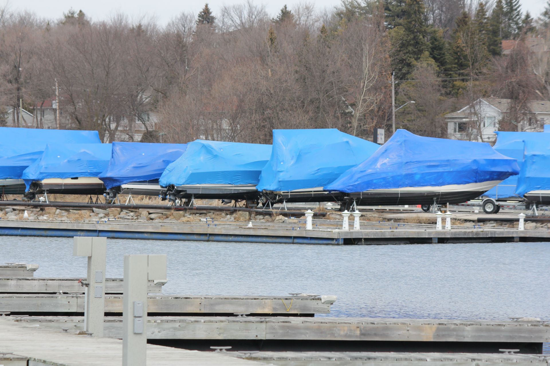 Blue tarps covering boats at a marina beside calm water and bare winter trees