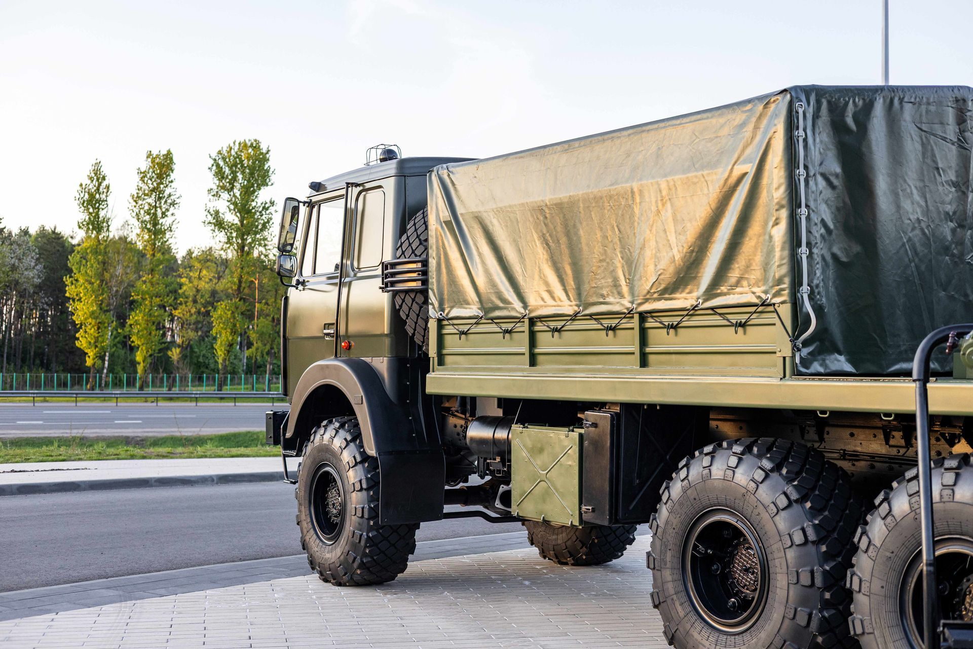 Green military cargo truck parked on a roadside at dusk, with tarp-covered bed and large off-road tires