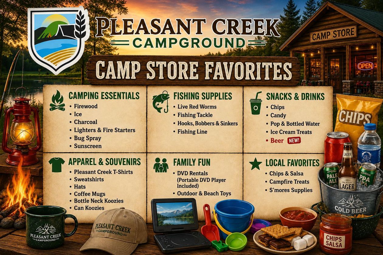 Pleasant Creek Campground camp store favorites sign with snacks, drinks, and camping gear beside a campfire.