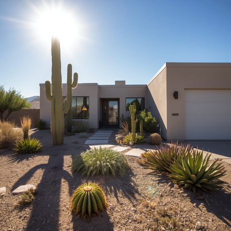 Desert-style modern house with cacti, gravel landscaping, and a bright sunlit xeriscaped front yard.