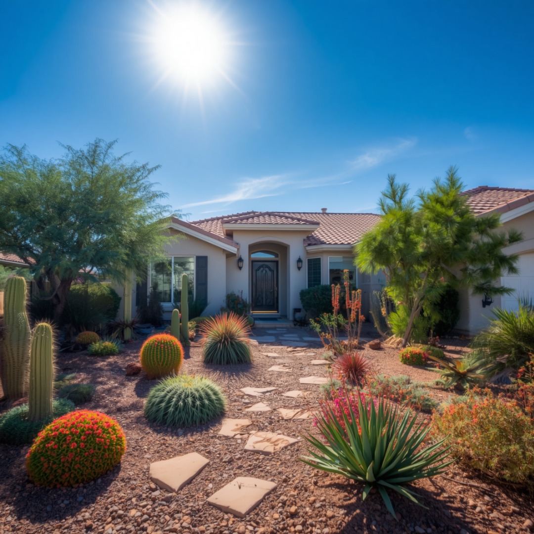 Sunny desert-style front yard with cacti and succulents in xeriscaped yard leading to a stucco home  in san  bernandino