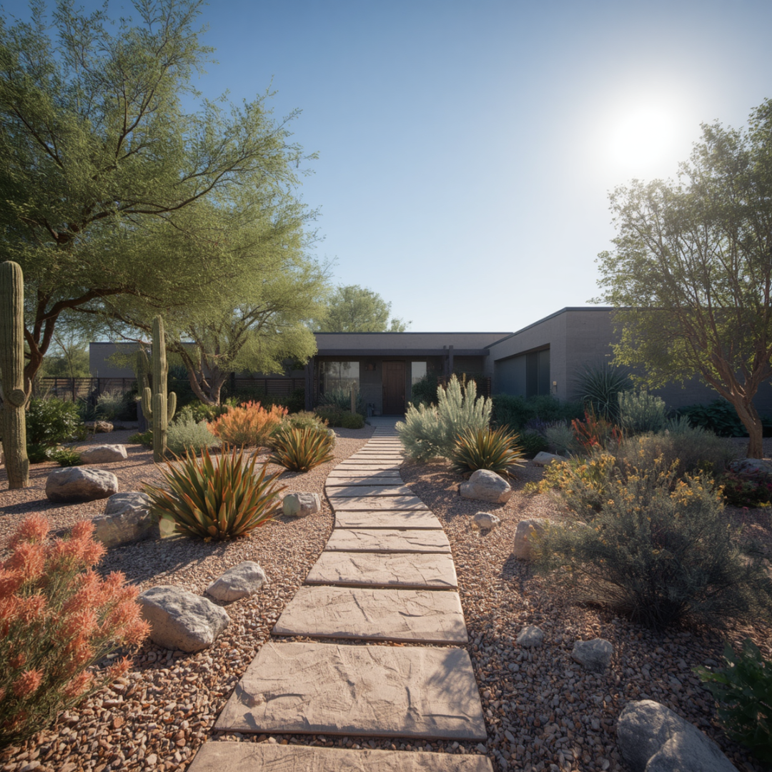 Stone path through a desert garden leading to a modern house under bright sun  in san  bernandino