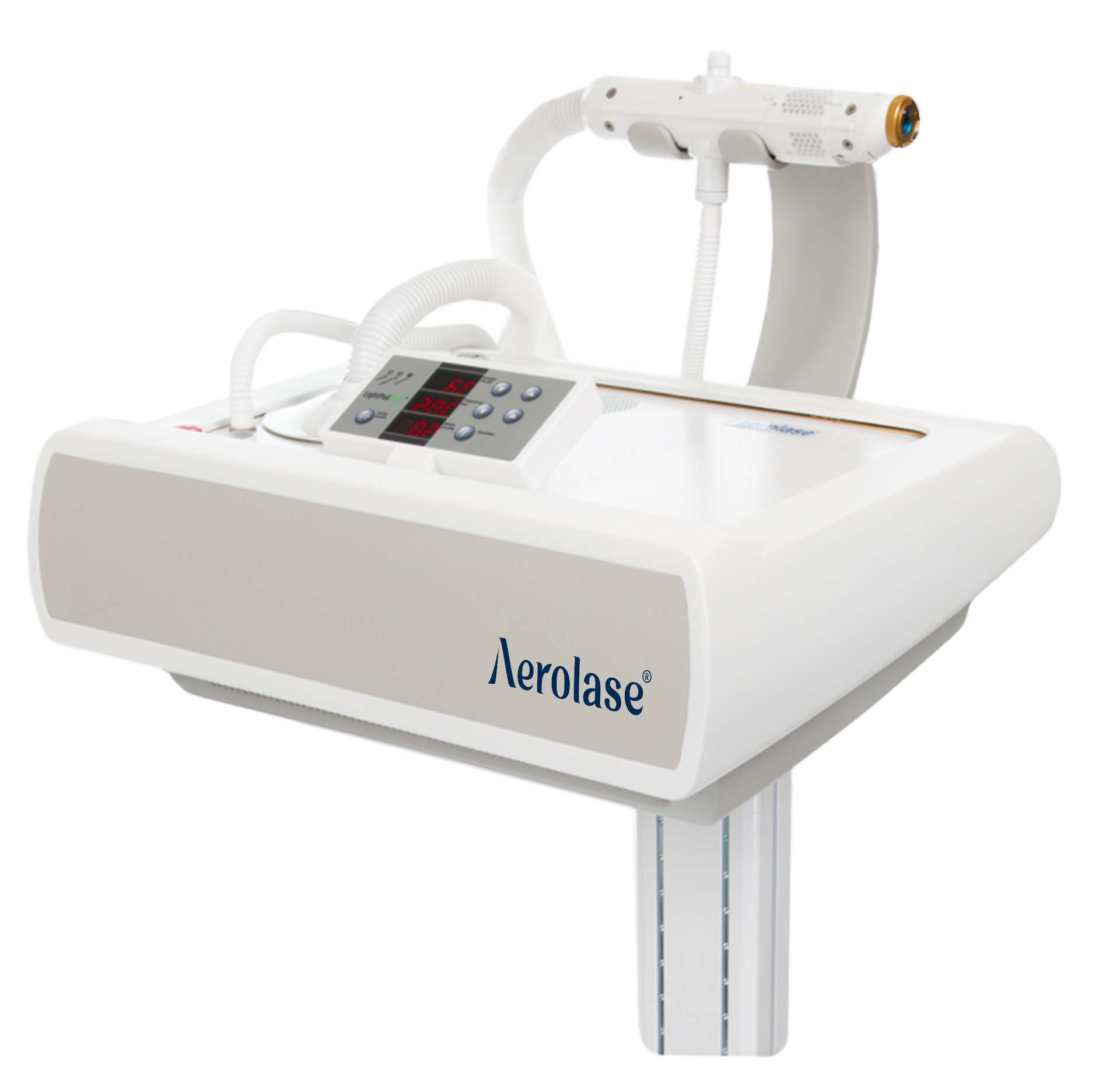 Aerolase laser device, white with controls, mounted on a vertical pole.