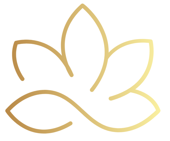 Golden outline of a lotus flower with three central petals and two outer curved petals, suggesting growth and serenity.