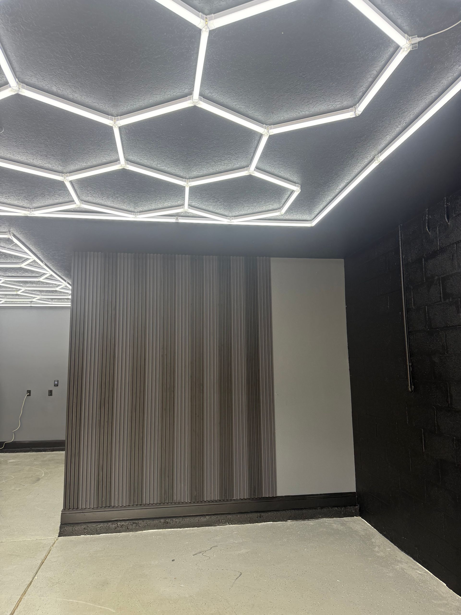 Room with hexagonal ceiling lights, patterned wall, and textured black wall. Concrete floor.