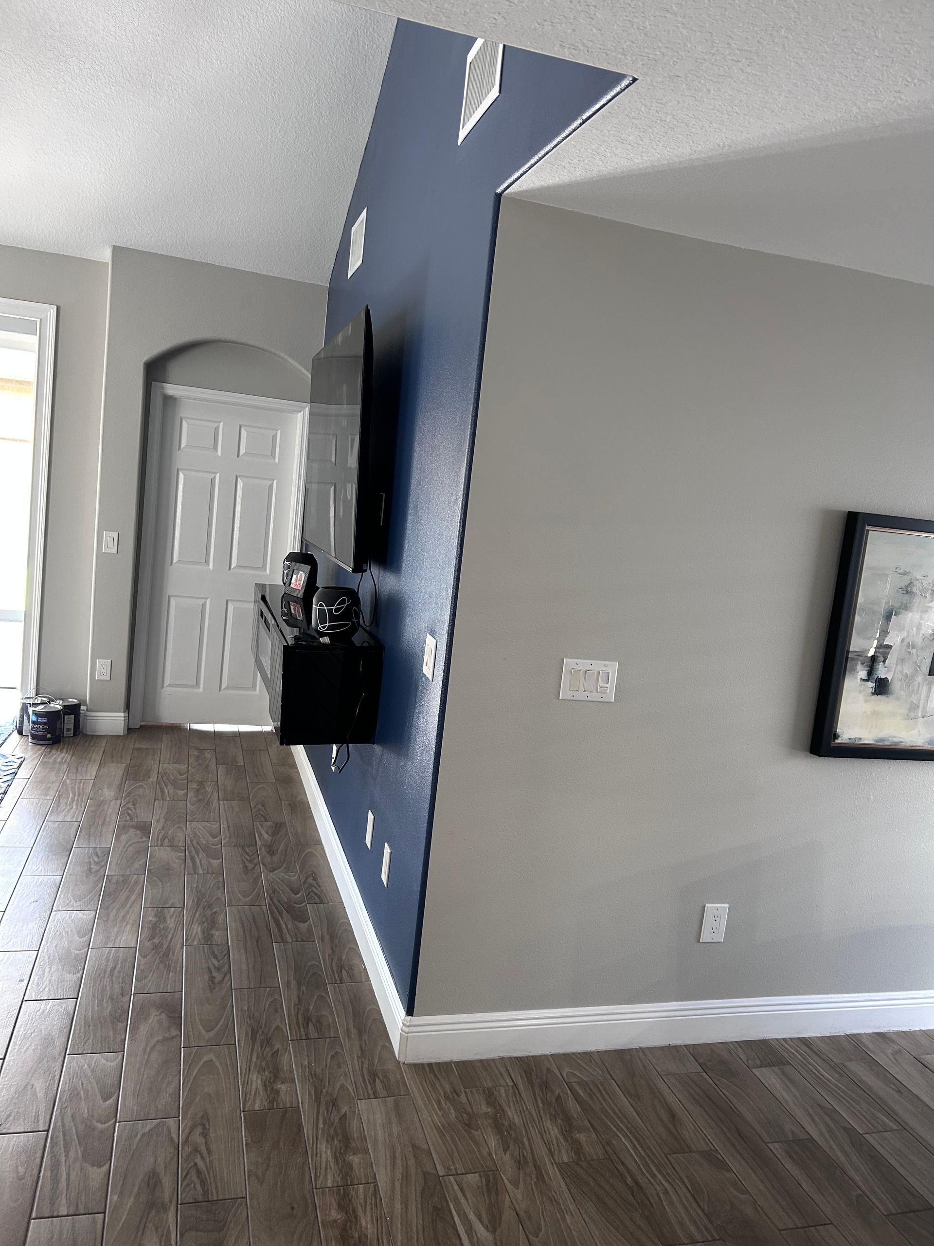 Living room with dark blue accent wall, gray walls, light wood floor, and white door.