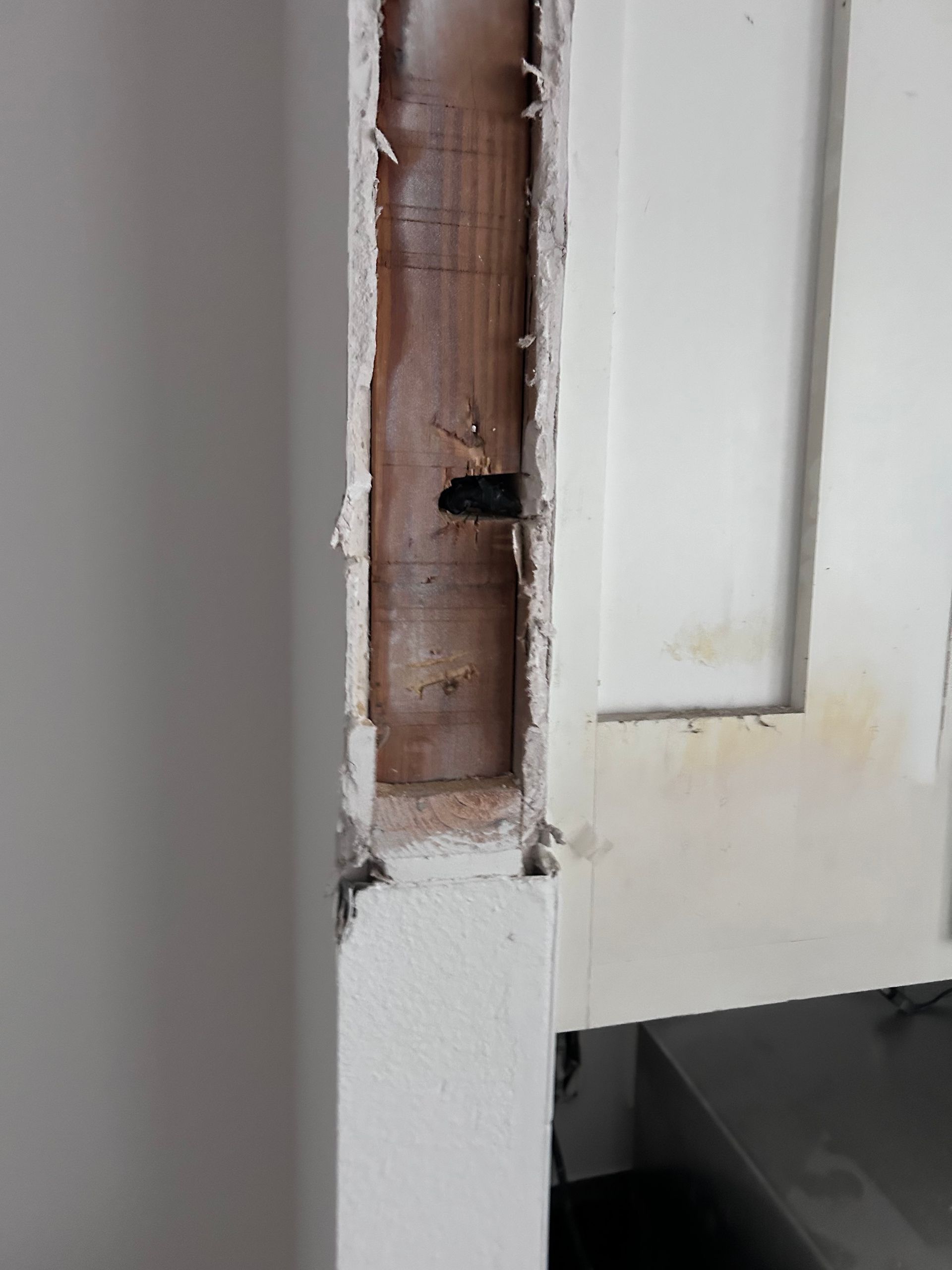 Interior door frame with exposed wood and damaged sections.