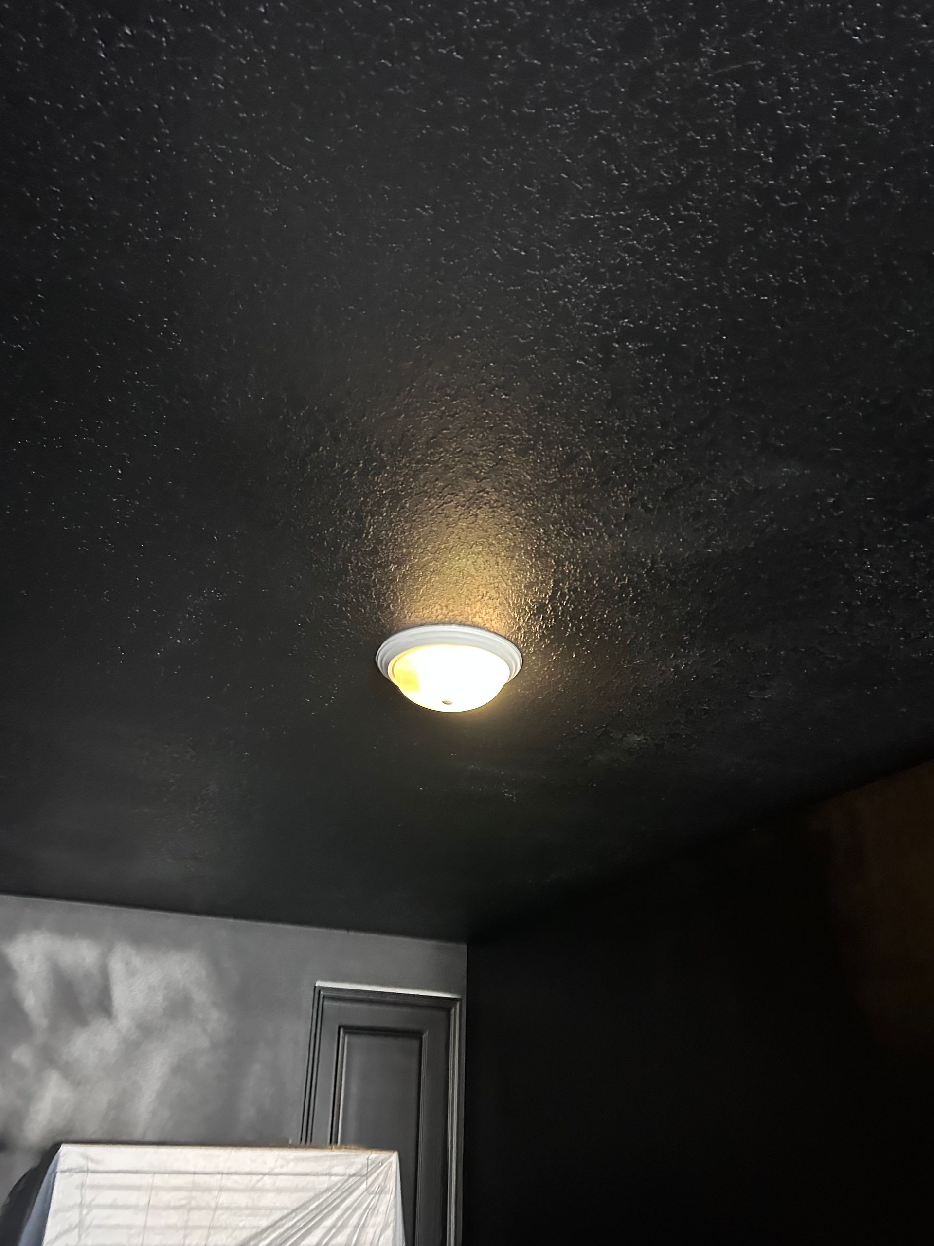 Black ceiling with a lit round light fixture, speckled with a pattern.