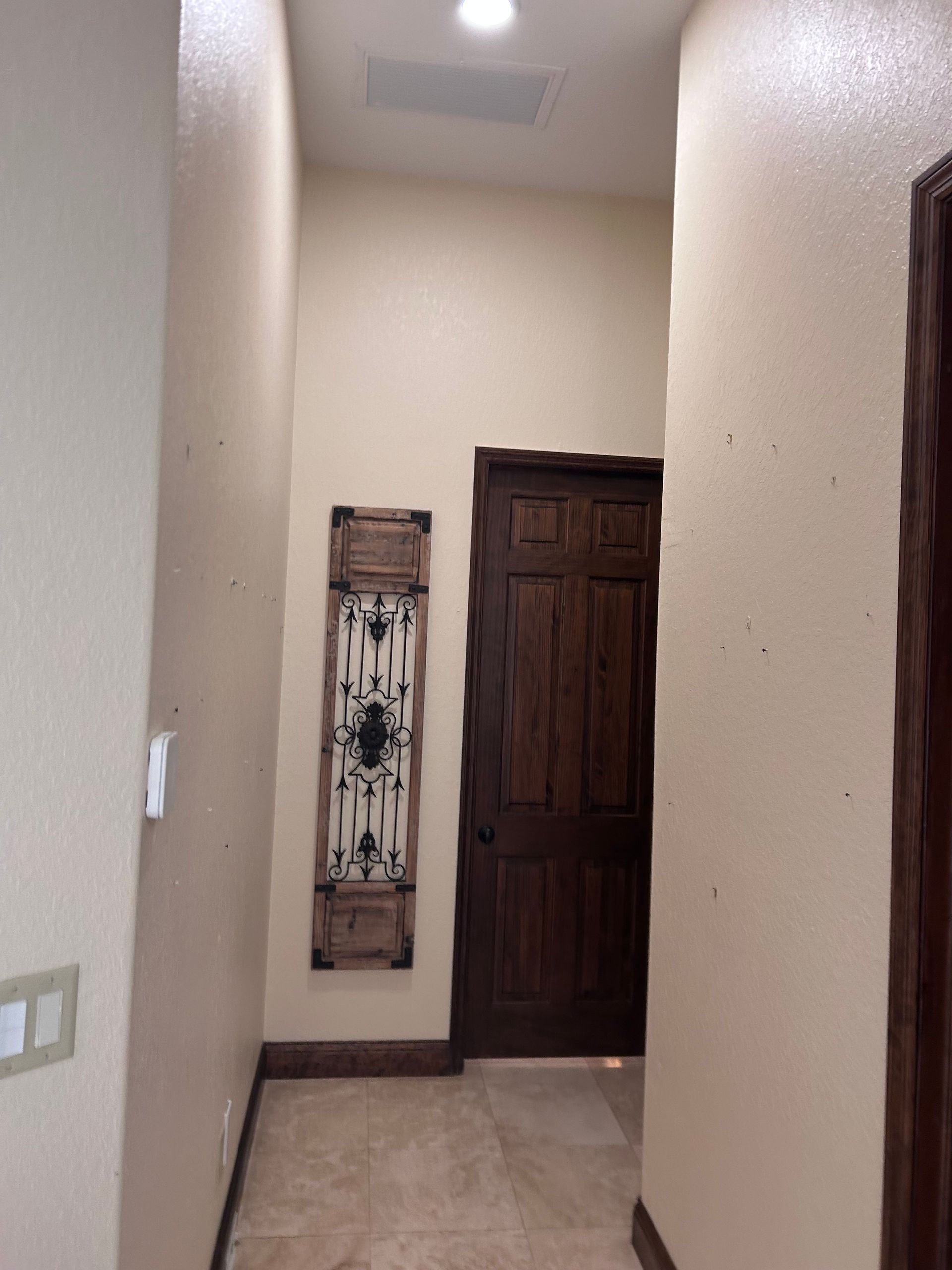 Hallway with beige walls, a dark wood door, and a decorative piece on the wall.