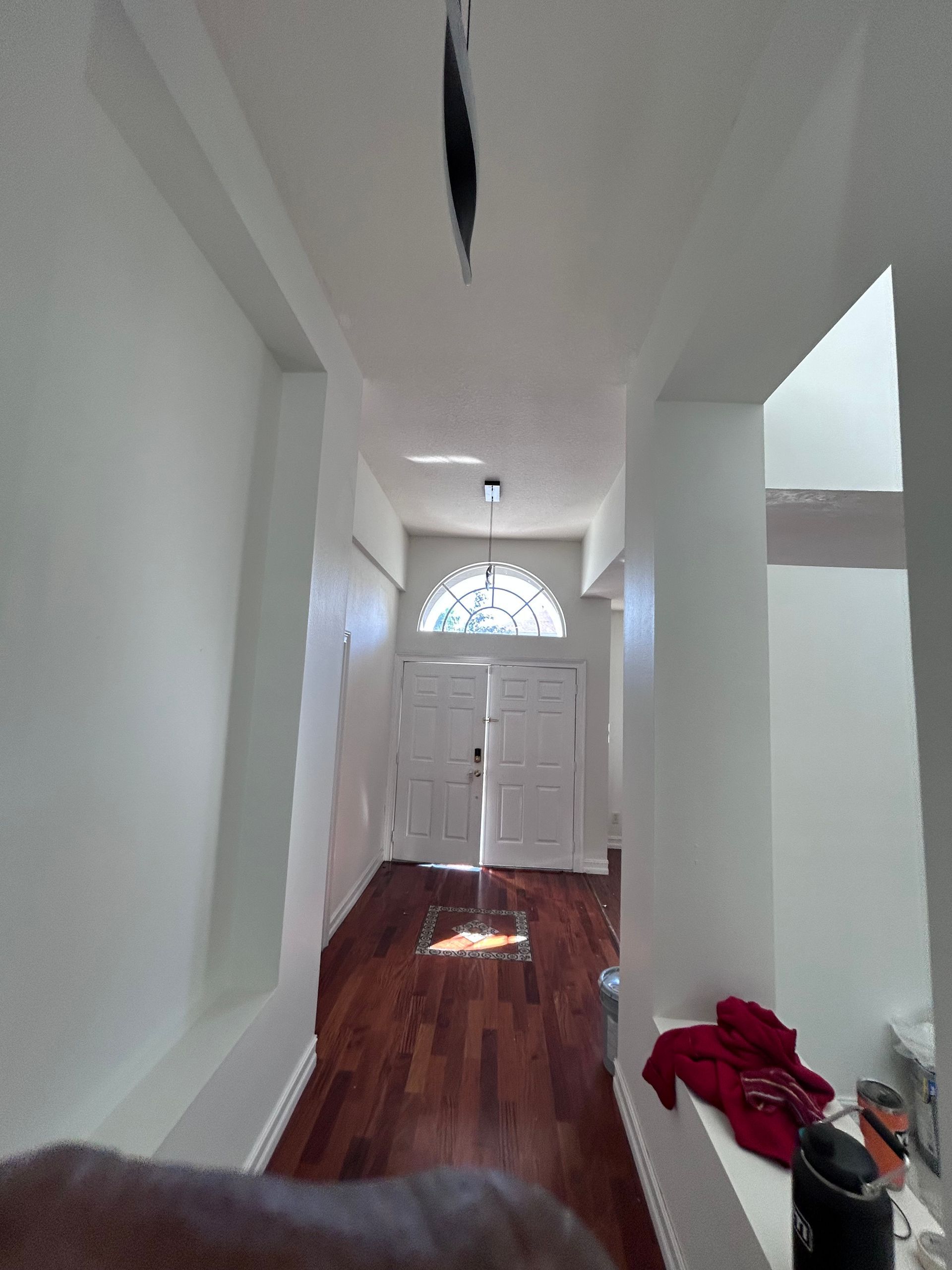 Hallway with white walls, wood floor, arched doorway with double doors, and sunlight.