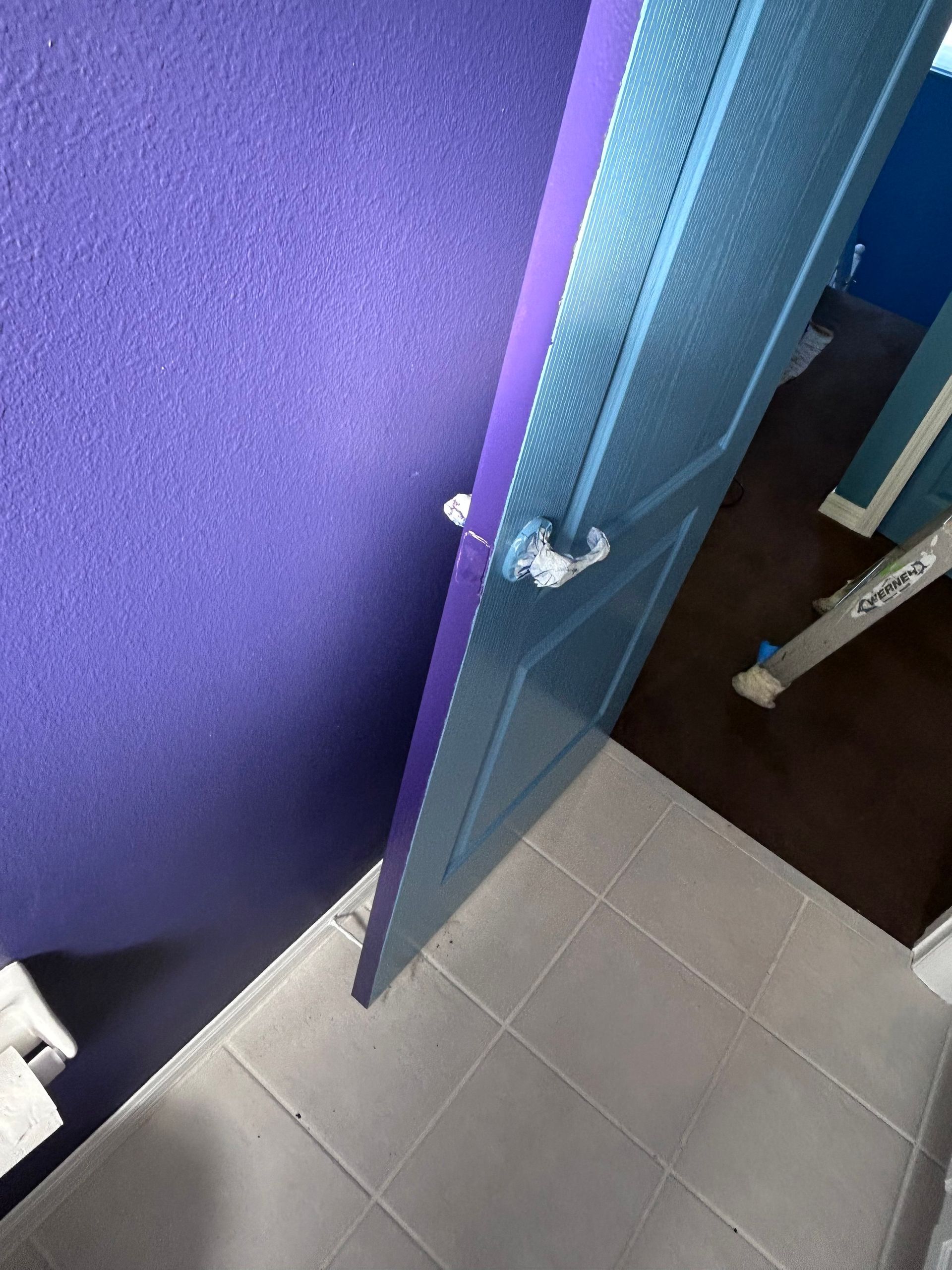 A bathroom with purple walls and a blue door.
