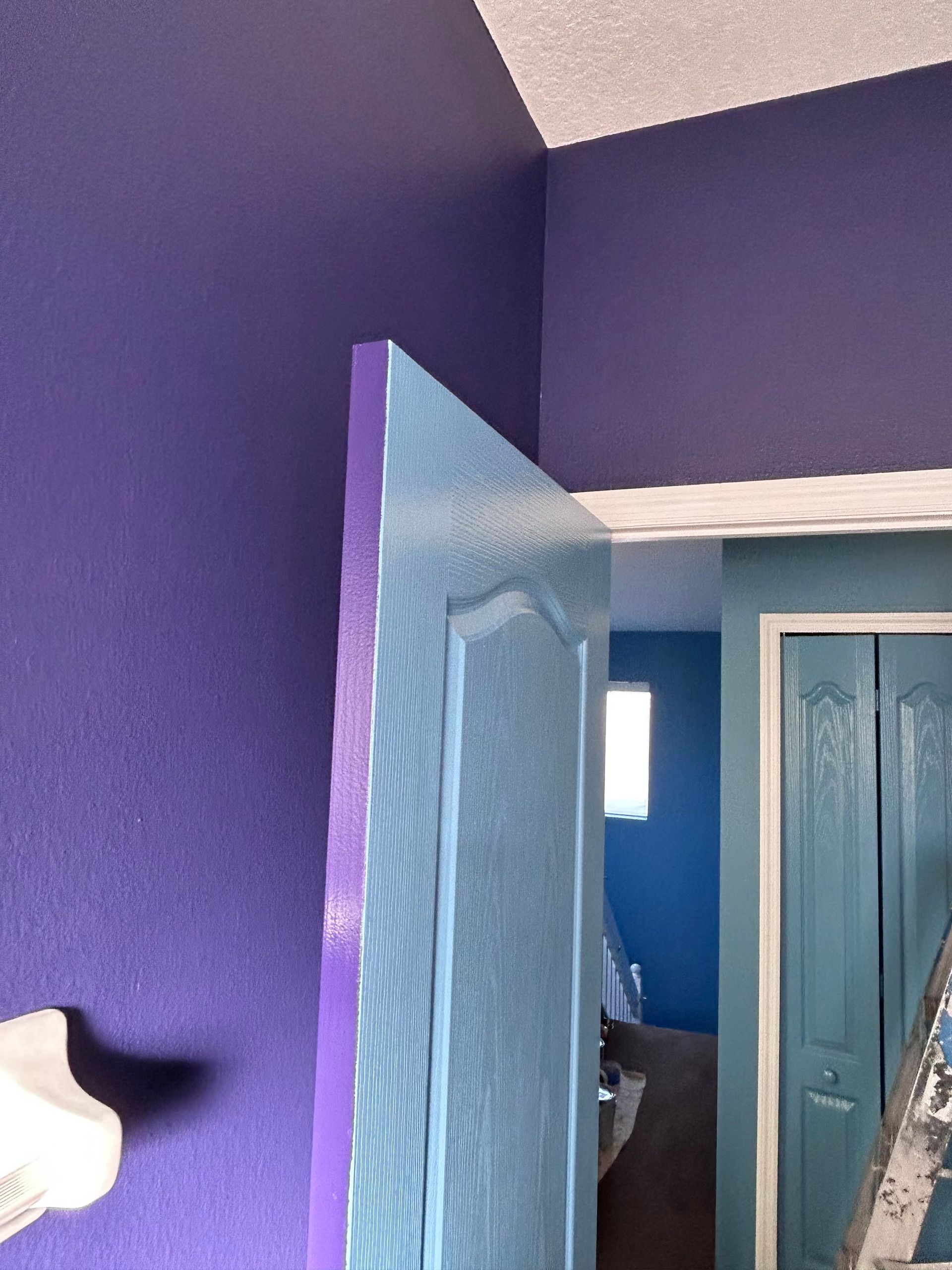 A room with purple walls and a blue door