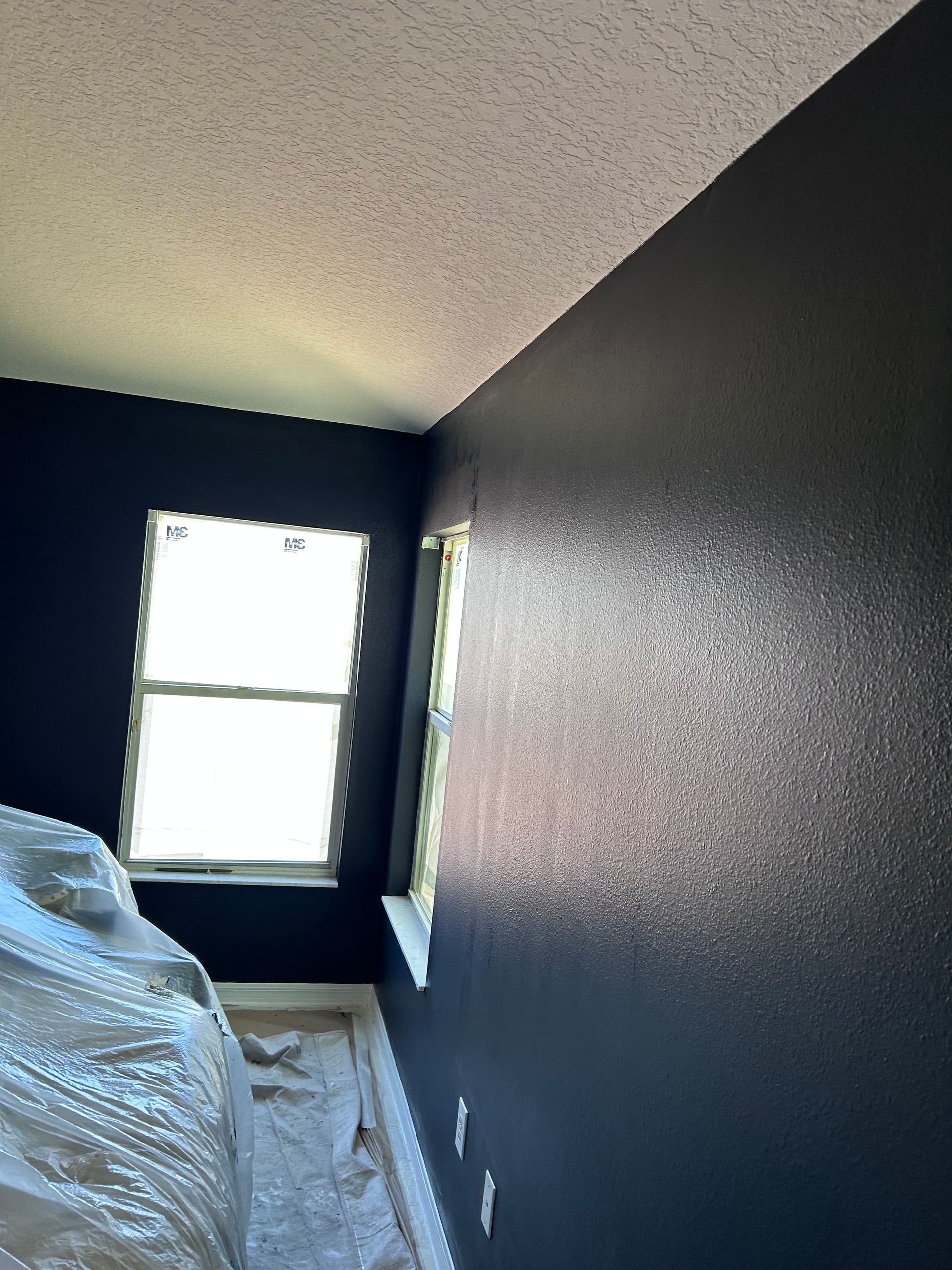 A room with black walls and a window.