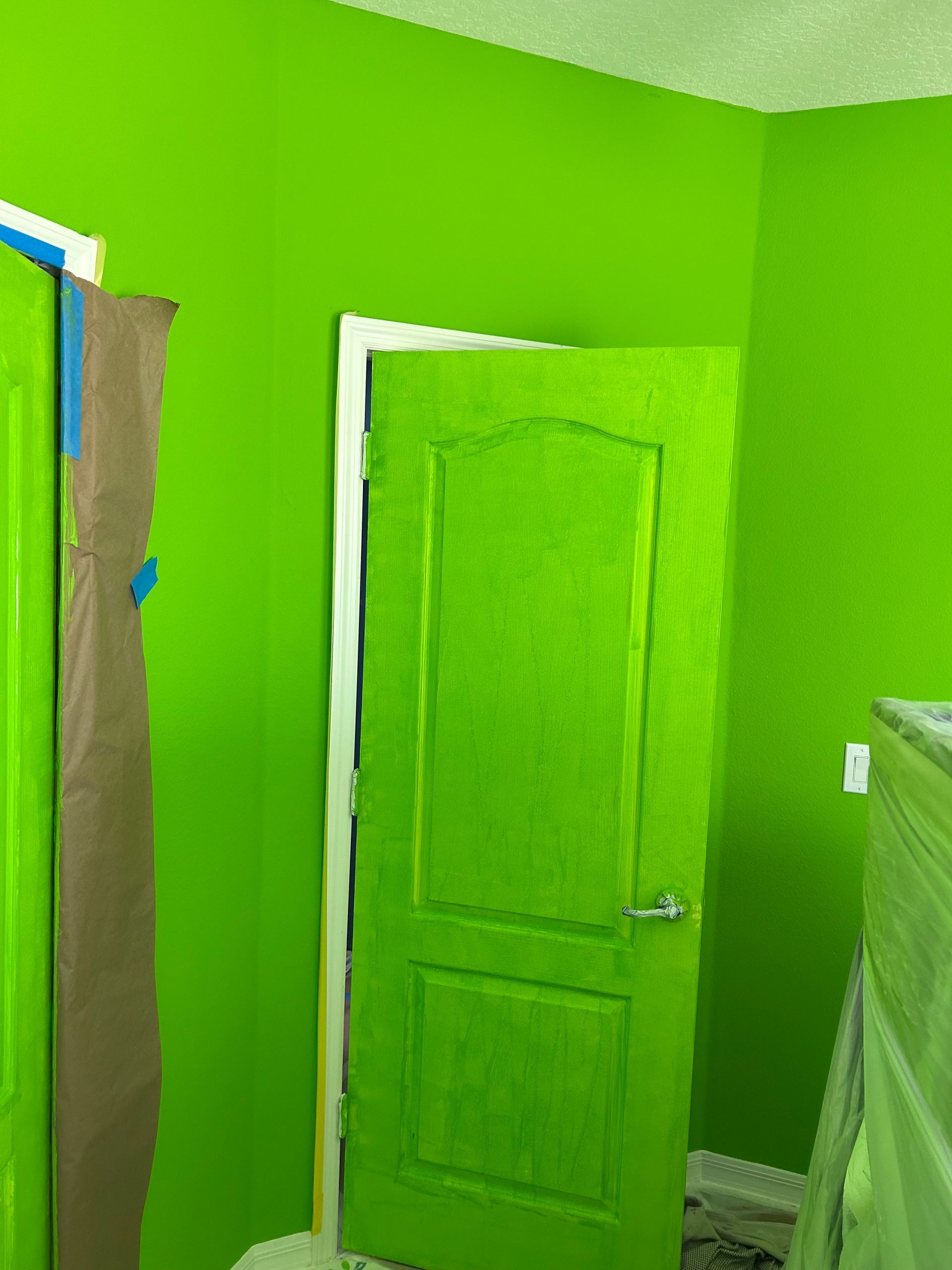 A room with green walls and a green door.