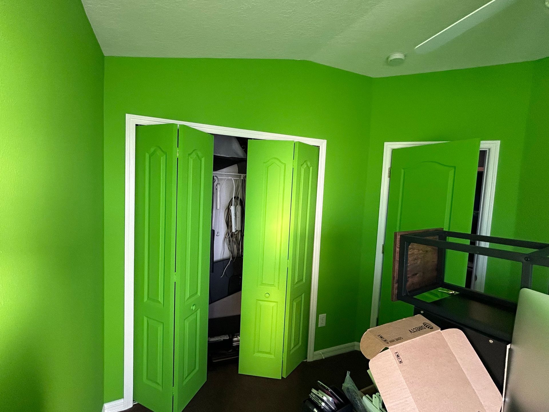 A room with green walls and green doors.