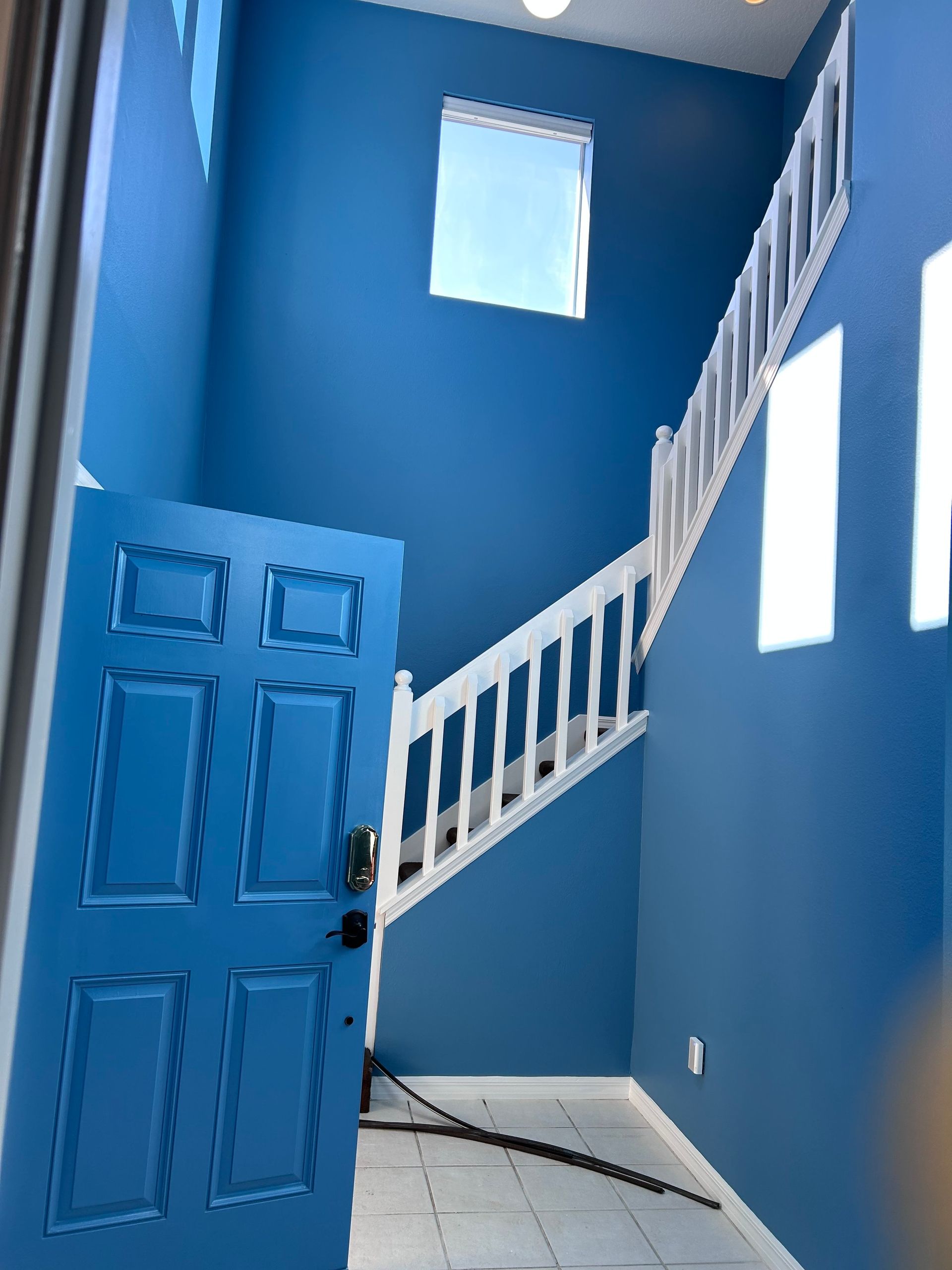 A blue door is open to a staircase with blue walls