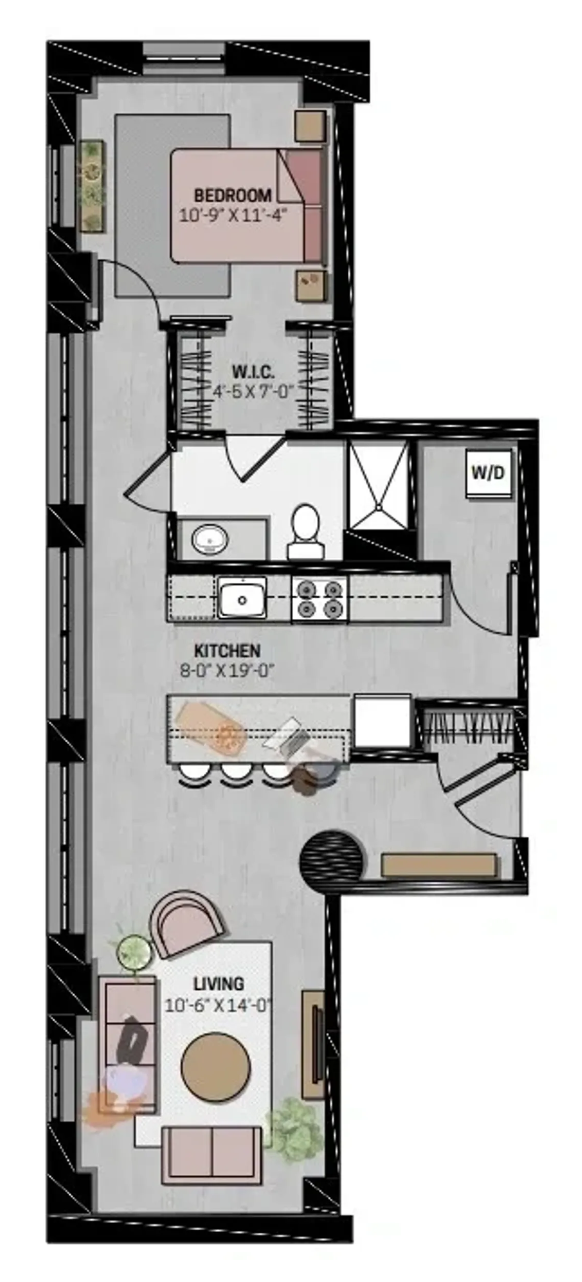 A floor plan of a house with a bedroom and a kitchen