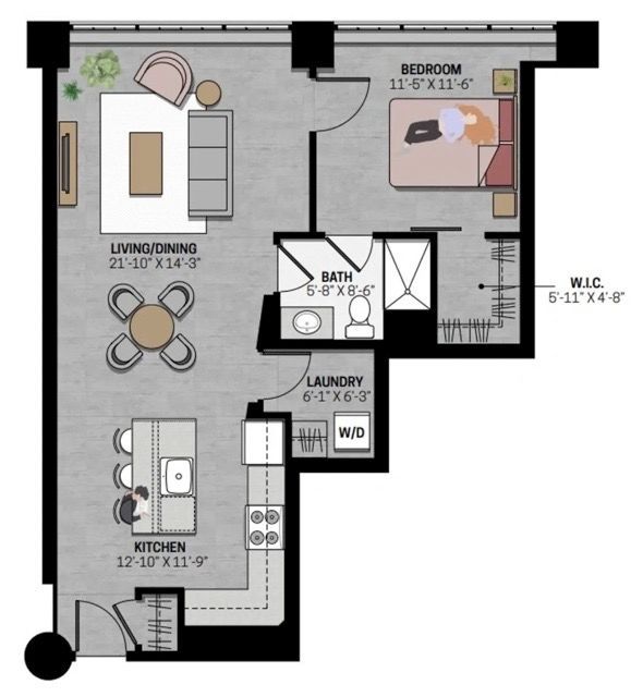A floor plan shows a bedroom and a kitchen