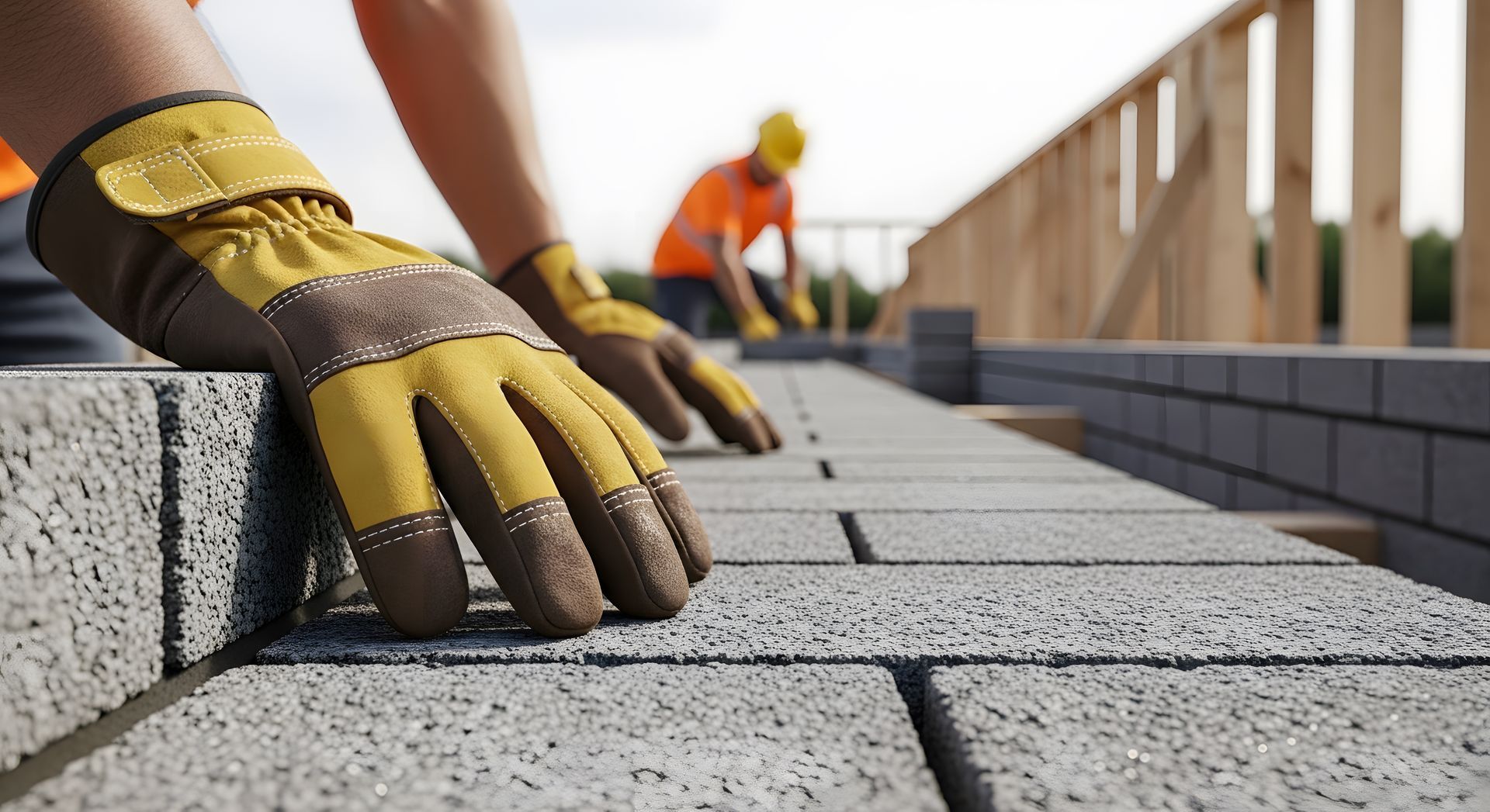 Masonry services crew installing concrete pavers for a durable walkway construction project.