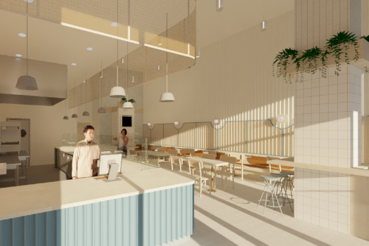 An artist 's impression of a restaurant with tables and chairs
