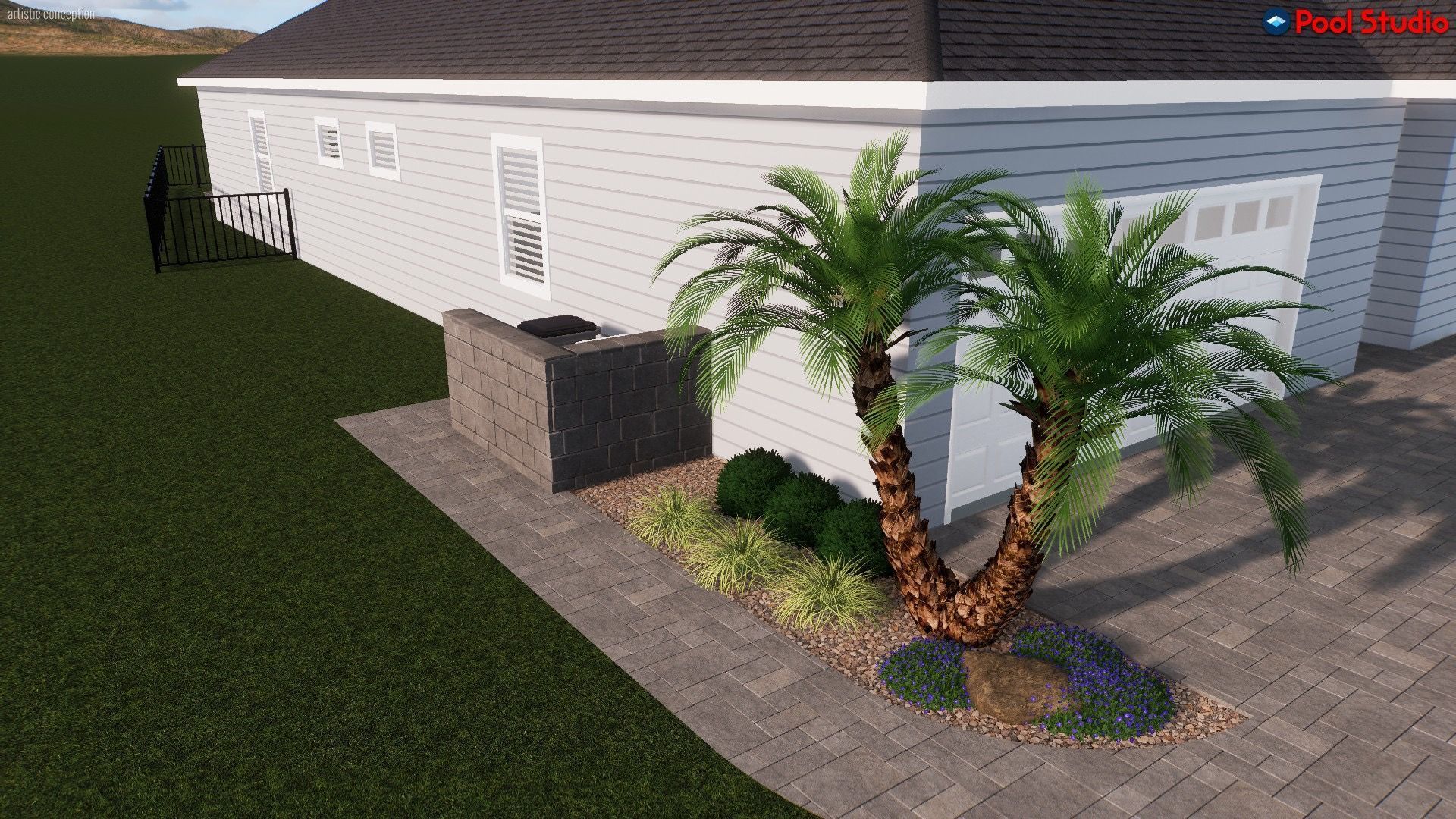 A 3d rendering of a house with a palm tree in front of it.