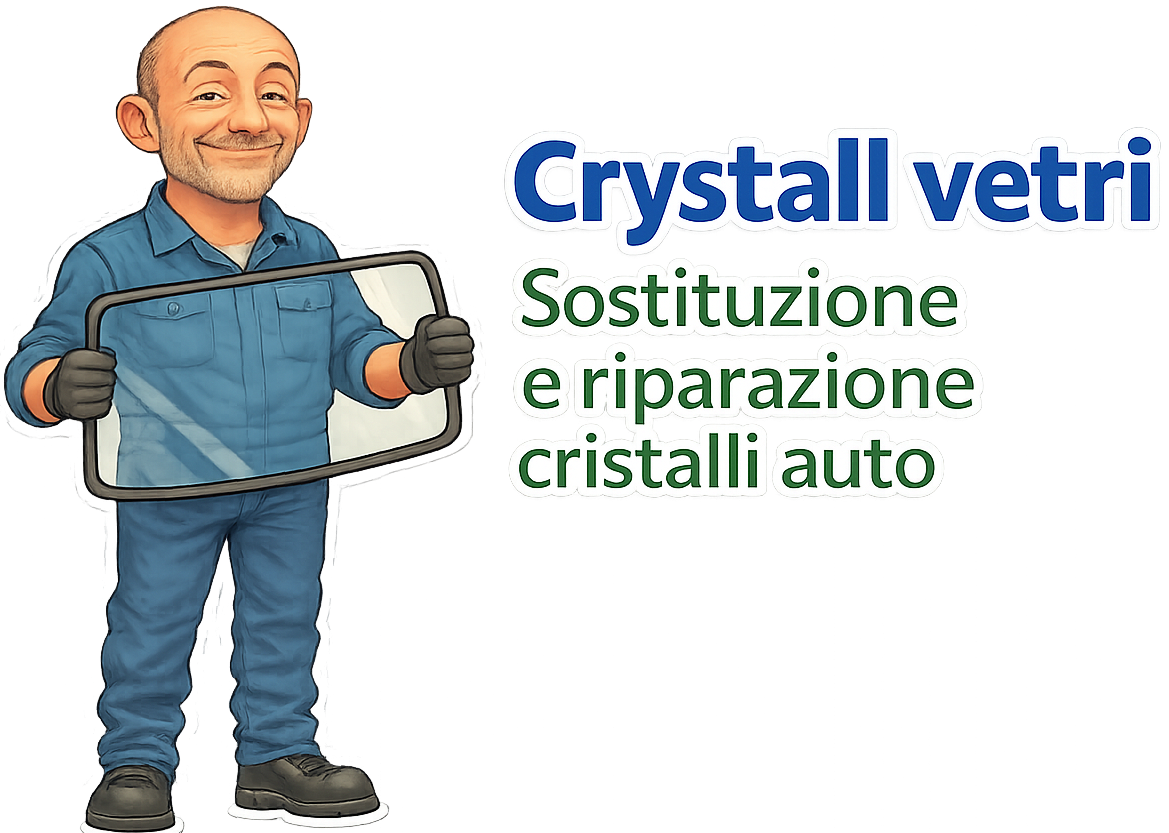 Cartoon worker holding a car windshield next to the text 