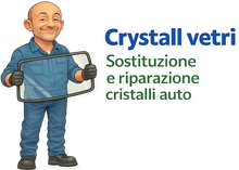 Cartoon worker holding a car windshield next to the text 