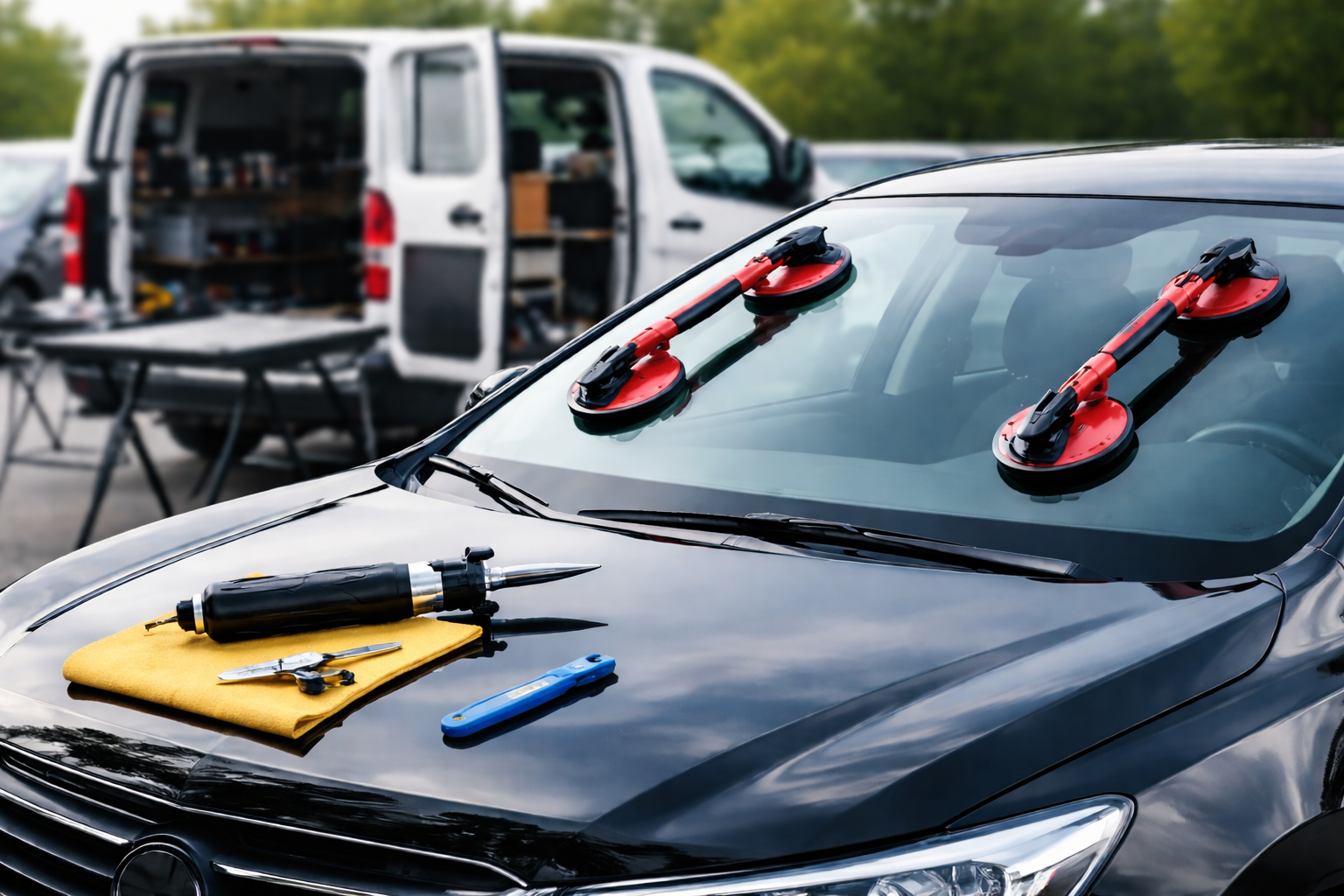 Un'auto nera con delle ventose per sollevare il parabrezza, parcheggiata vicino a un furgone contenente attrezzature per la riparazione di auto.