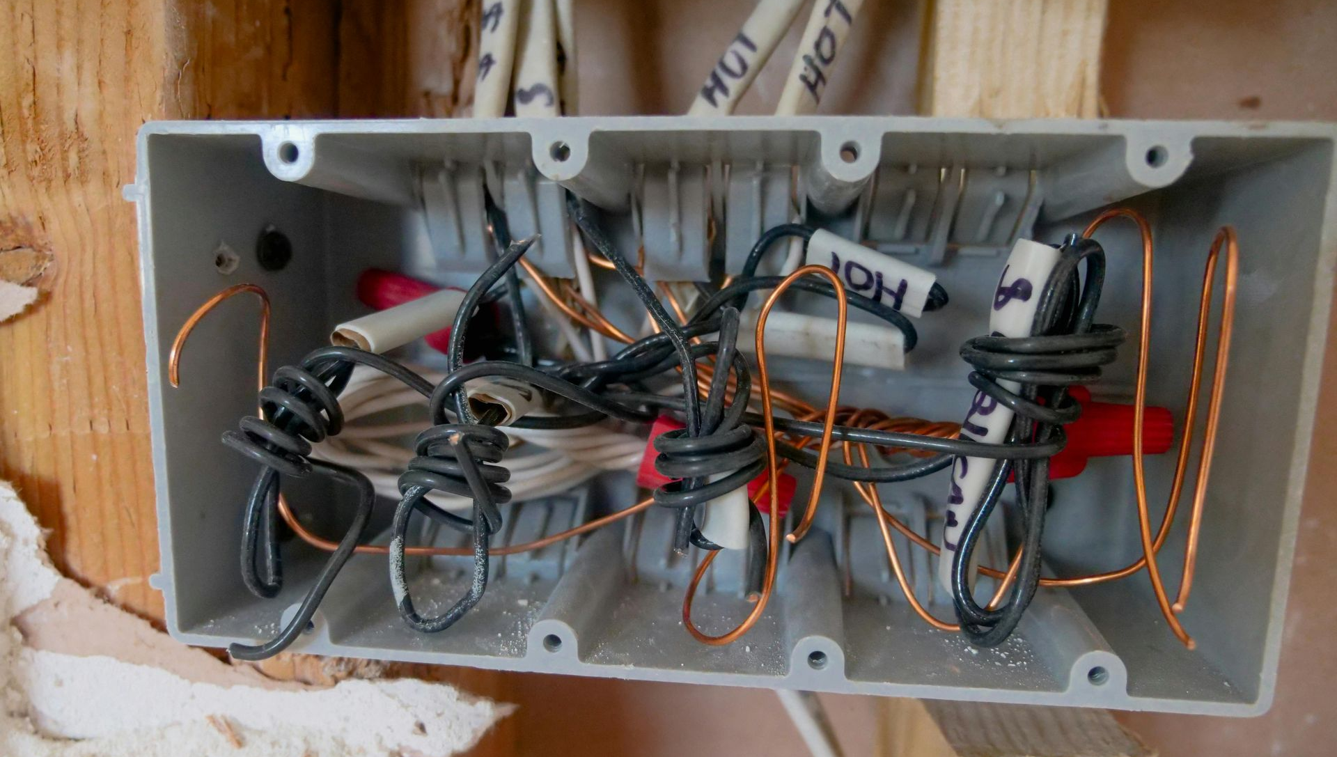 Gray electrical junction box with tangled wires and wire nuts, mounted on a wooden frame.