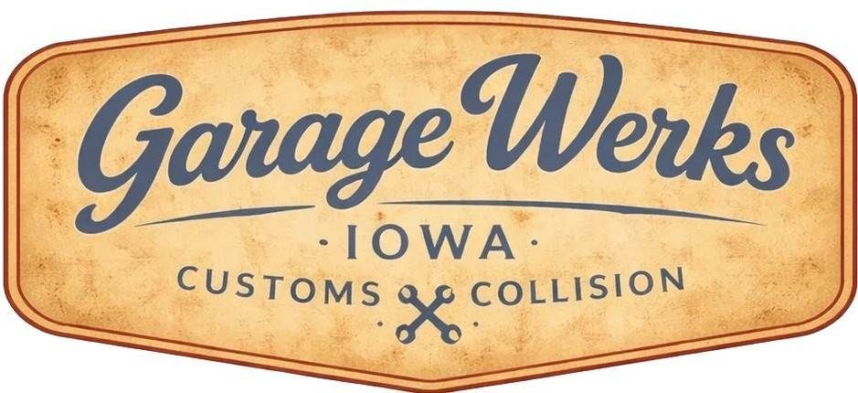 Garage Werks Iowa customs and collision logo in blue text on a tan vintage sign