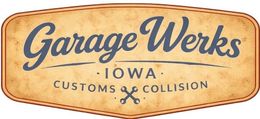 Garage Werks Iowa customs and collision logo in blue text on a tan vintage sign