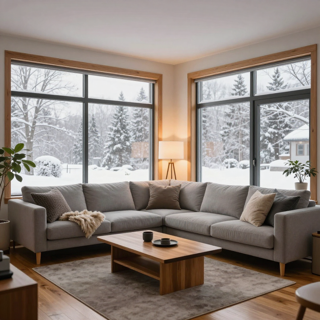 Salon cosy avec canapé d'angle gris, table basse en bois, lampe et fenêtres enneigées.