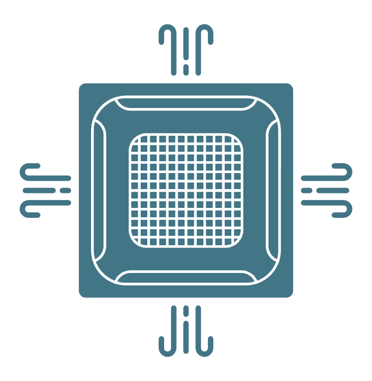 Icône stylisée de microprocesseur turquoise avec des lignes de circuit sur fond blanc