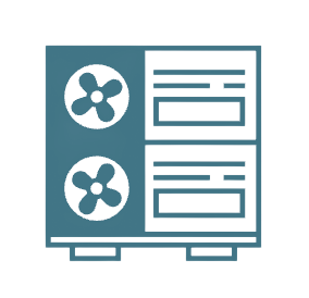 Turquoise outline of an air conditioner with two fans and two rectangular sections.